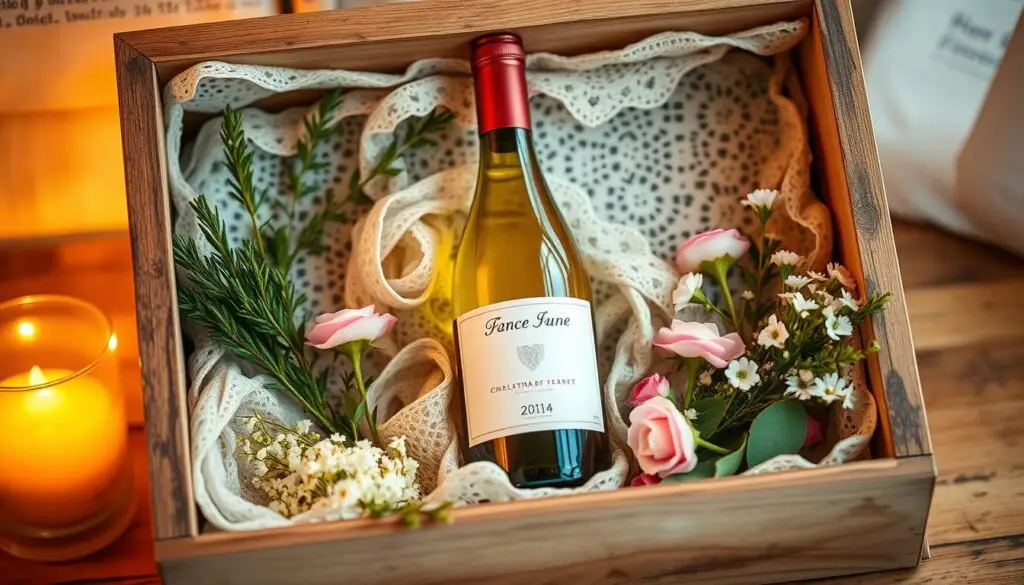 A beautifully crafted, handmade wine gift box for a wedding present. The centerpiece is a high-quality wine bottle, elegantly displayed against a backdrop of delicate lace, sprigs of fresh greenery, and a scattering of soft pink and white blooms. The box itself is made of rustic, weathered wood, adding a warm, organic touch. Warm, soft lighting casts a cozy glow, highlighting the thoughtful, homemade details. The overall composition evokes a sense of romance, intimacy, and a touch of whimsy - a perfect DIY wedding gift idea. A beautifully crafted, handmade wine gift box for a wedding present. The centerpiece is a high-quality wine bottle, elegantly displayed against a backdrop of delicate lace, sprigs of fresh greenery, and a scattering of soft pink and white blooms. The box itself is made of rustic, weathered wood, adding a warm, organic touch. Warm, soft lighting casts a cozy glow, highlighting the thoughtful, homemade details. The overall composition evokes a sense of romance, intimacy, and a touch of whimsy - a perfect DIY wedding gift idea.