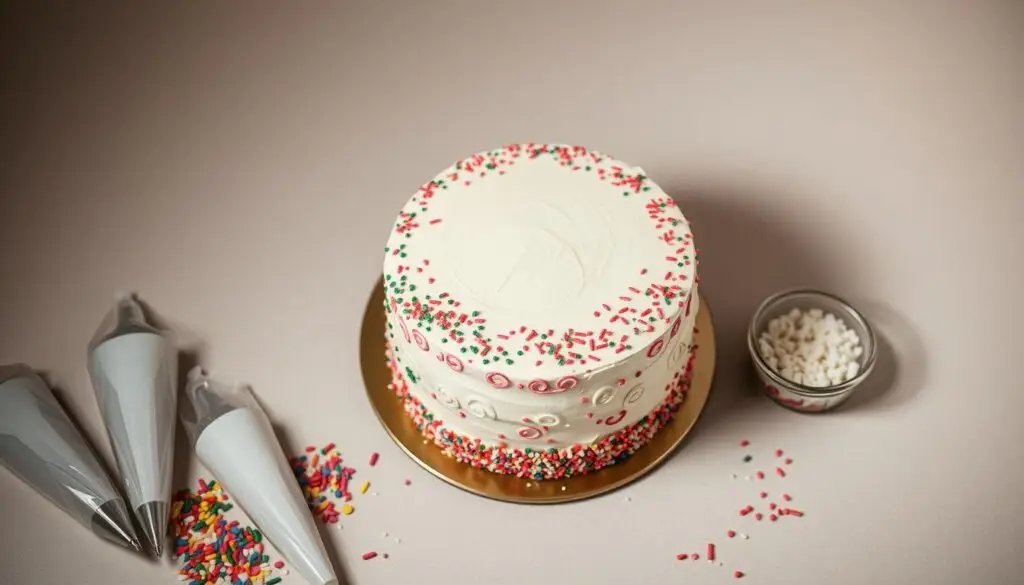 A beautifully lit overhead shot of a baker's workbench showcasing various techniques for decorating the sides of a freshly baked cake. In the foreground, an assortment of piping bags, sprinkles, and edible decorations. In the middle, the cake itself, its sides adorned with intricate swirls, dots, and patterns created through skilful piping and sprinkling. The background features a clean, neutral backdrop, allowing the techniques to take center stage. The lighting is soft and diffused, casting gentle shadows and highlights that accentuate the textures and details. The overall mood is one of culinary artistry and inspiration, inviting the viewer to explore the endless possibilities of cake decorating. A beautifully lit overhead shot of a baker's workbench showcasing various techniques for decorating the sides of a freshly baked cake. In the foreground, an assortment of piping bags, sprinkles, and edible decorations. In the middle, the cake itself, its sides adorned with intricate swirls, dots, and patterns created through skilful piping and sprinkling. The background features a clean, neutral backdrop, allowing the techniques to take center stage. The lighting is soft and diffused, casting gentle shadows and highlights that accentuate the textures and details. The overall mood is one of culinary artistry and inspiration, inviting the viewer to explore the endless possibilities of cake decorating.
