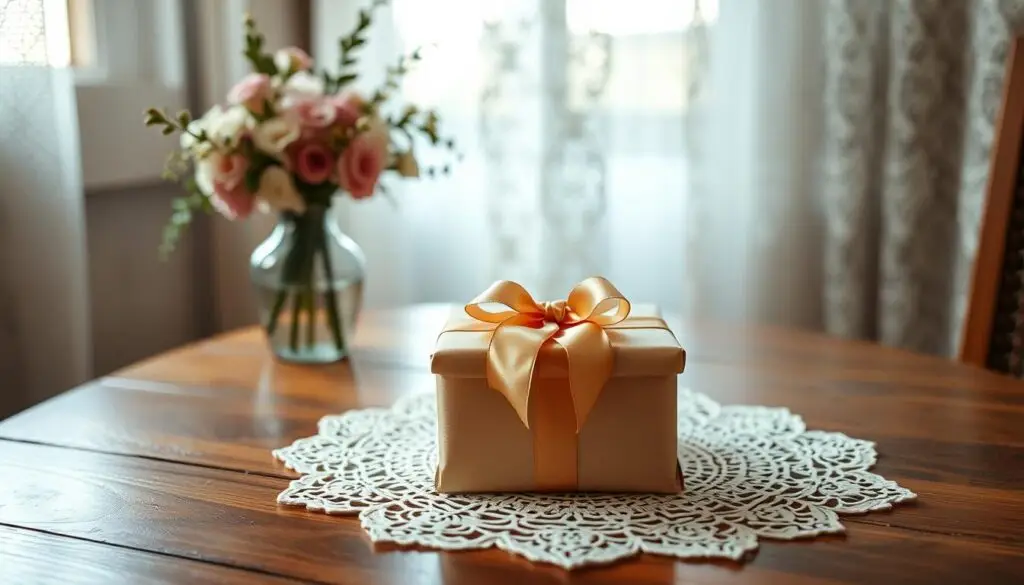A beautifully wrapped gift box, sitting atop a delicate lace doily on a polished wooden table. The box is adorned with a shimmering satin bow in a warm, earthy tone that complements the rustic decor. Soft, diffused lighting casts a gentle glow, creating a cozy and intimate atmosphere, perfect for a wedding celebration. In the background, a vase of fragrant flowers adds a touch of natural elegance, while a vintage lace curtain filters the light, evoking a sense of timeless sophistication. The overall composition exudes a sense of thoughtfulness and care, perfectly capturing the sentiment of a cherished gift for a beloved chrzestny or chrzestna.