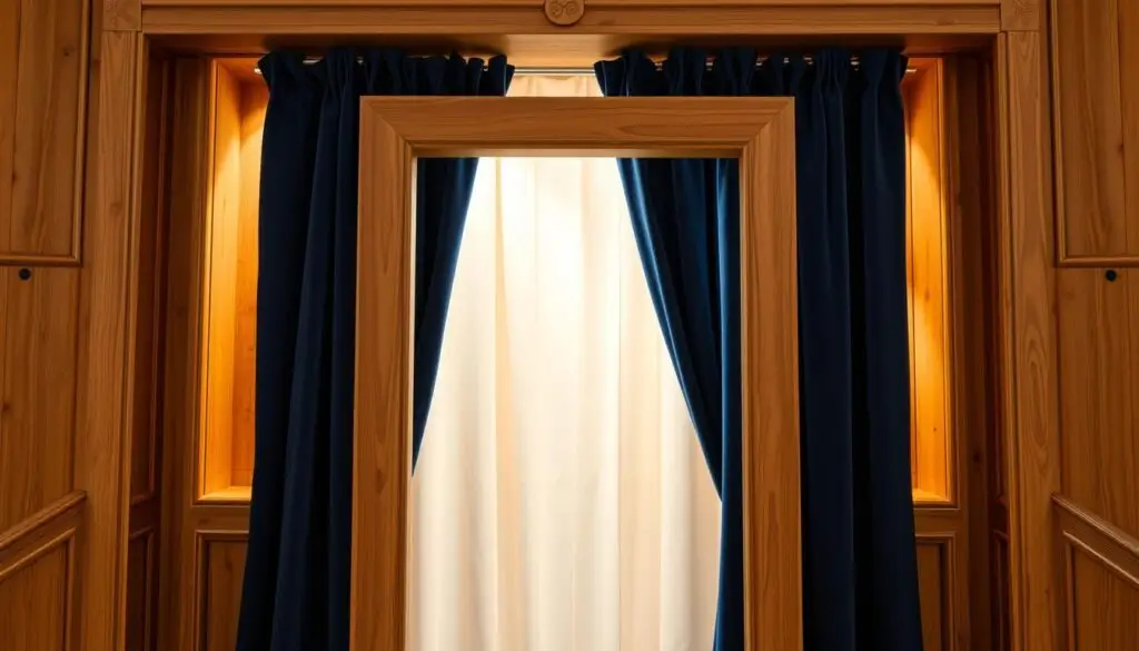 A brightly lit, well-crafted DIY photo booth with a simple yet elegant design. The booth's frame is made of sturdy wooden planks, meticulously sanded and stained a warm, rustic hue. Plush velvet curtains in a deep, regal blue hang gracefully, creating a cozy, intimate space for capturing memories. The front panel features a large, rectangular opening framed by ornate wooden moldings, inviting subjects to step inside and strike a pose. Soft, diffused lighting emanates from discreet sources, casting a flattering glow on the subjects. The overall composition exudes a sense of charm, whimsy, and attention to detail, perfectly suited for a delightful DIY photo booth experience.