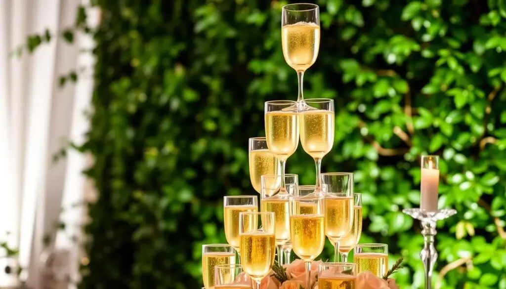 A champagne tower elegantly rising, its flutes brimming with golden effervescence, against a backdrop of lush greenery and soft lighting. The tower's graceful structure takes center stage, reflecting the celebratory spirit of a wedding. Subtle hints of florals and elegant crystal accents complement the scene, creating an atmosphere of refined sophistication. The image captures the essence of the most popular and indulgent beverage choice for a joyous wedding celebration. A champagne tower elegantly rising, its flutes brimming with golden effervescence, against a backdrop of lush greenery and soft lighting. The tower's graceful structure takes center stage, reflecting the celebratory spirit of a wedding. Subtle hints of florals and elegant crystal accents complement the scene, creating an atmosphere of refined sophistication. The image captures the essence of the most popular and indulgent beverage choice for a joyous wedding celebration.