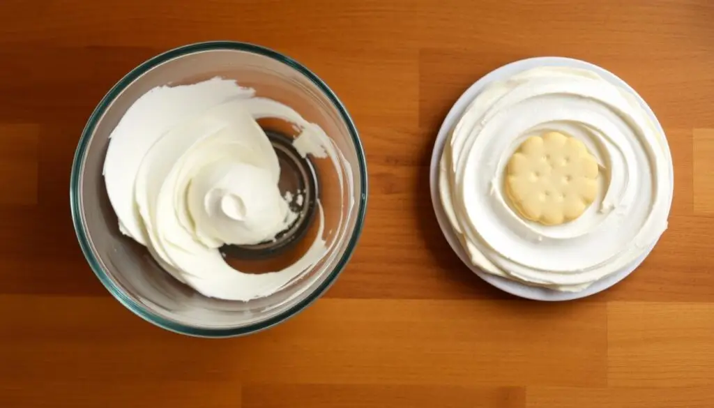 A clear glass bowl sits on a wooden surface, filled with a smooth, creamy white buttercream frosting. The frosting is carefully packed down, creating a uniform surface that reflects the warm, ambient lighting. Nearby, a thin, delicate wafer cookie, cut into a circular shape, rests on a small plate, ready to be placed atop the frosting as a decorative topping for a layered cake. The scene conveys a sense of precision, organization, and the delicate care required to properly store and prepare this essential component of a beautifully crafted dessert. A clear glass bowl sits on a wooden surface, filled with a smooth, creamy white buttercream frosting. The frosting is carefully packed down, creating a uniform surface that reflects the warm, ambient lighting. Nearby, a thin, delicate wafer cookie, cut into a circular shape, rests on a small plate, ready to be placed atop the frosting as a decorative topping for a layered cake. The scene conveys a sense of precision, organization, and the delicate care required to properly store and prepare this essential component of a beautifully crafted dessert.