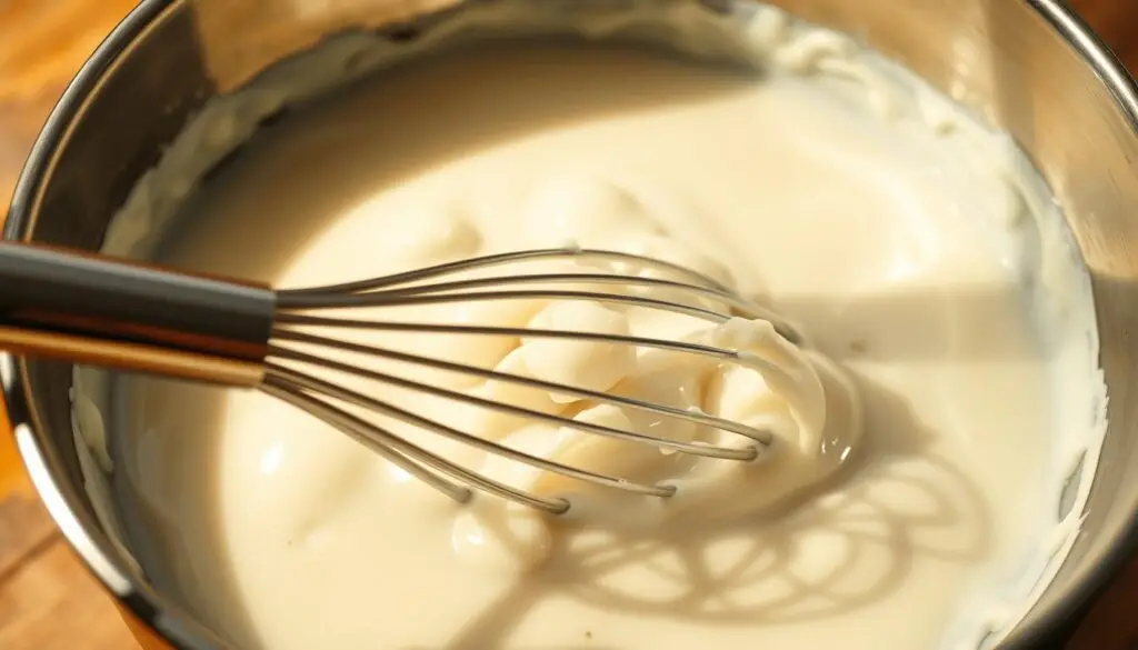 A close-up shot of a whisk vigorously stirring a pale, fluffy cream in a gleaming metal bowl. The cream appears to have separated or curdled, with watery liquid and dense, clumped-up bits. Warm lighting casts soft shadows, creating a cozy, homey atmosphere. The background is blurred, placing the focus entirely on the rescue operation at hand. Textural details like the smooth metal, the delicate cream, and the sturdy whisk are emphasized, conveying a sense of care and determination to revive the cream. A close-up shot of a whisk vigorously stirring a pale, fluffy cream in a gleaming metal bowl. The cream appears to have separated or curdled, with watery liquid and dense, clumped-up bits. Warm lighting casts soft shadows, creating a cozy, homey atmosphere. The background is blurred, placing the focus entirely on the rescue operation at hand. Textural details like the smooth metal, the delicate cream, and the sturdy whisk are emphasized, conveying a sense of care and determination to revive the cream.