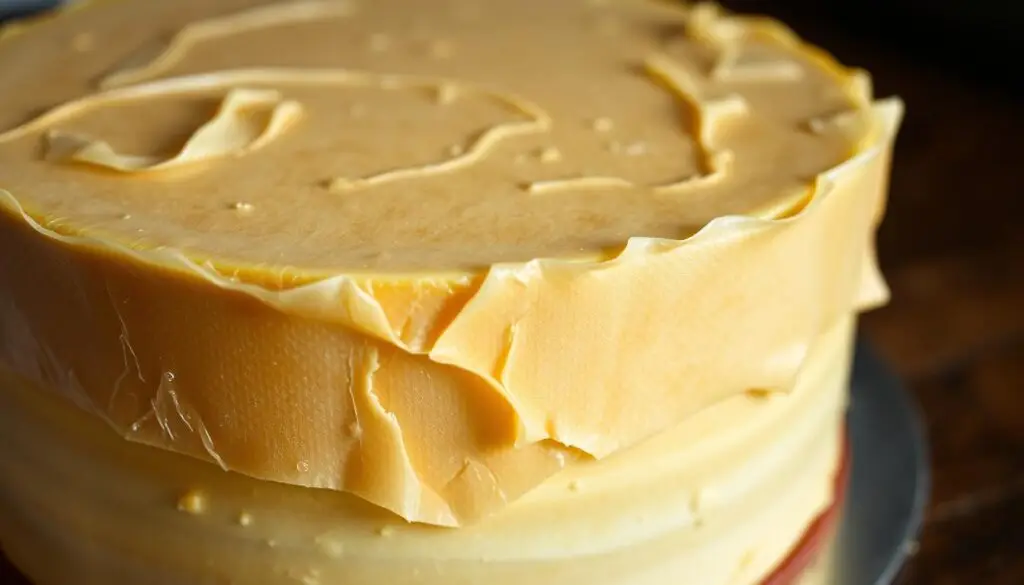 A close-up view of a cake with an improperly applied wafer sheet, highlighting the common mistakes in this process. The wafer has wrinkles, air bubbles, and uneven edges, creating an unprofessional and sloppy appearance. The cake's surface is slightly uneven, and the lighting is soft and indirect, accentuating the flaws. The background is blurred, keeping the focus on the imperfections of the wafer application. The overall mood is one of a learning moment, showcasing the importance of attention to detail when decorating cakes. A close-up view of a cake with an improperly applied wafer sheet, highlighting the common mistakes in this process. The wafer has wrinkles, air bubbles, and uneven edges, creating an unprofessional and sloppy appearance. The cake's surface is slightly uneven, and the lighting is soft and indirect, accentuating the flaws. The background is blurred, keeping the focus on the imperfections of the wafer application. The overall mood is one of a learning moment, showcasing the importance of attention to detail when decorating cakes.