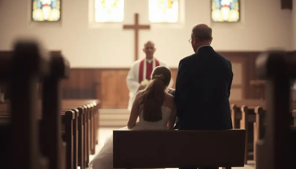 A couple sitting on a wooden bench, engaged in a deep conversation with a priest standing before them. The foreground is warm and intimate, with soft lighting illuminating their faces as they discuss matters of marriage. The middle ground features a simple yet elegant church interior, with stained glass windows casting a serene ambiance. The background fades into a blurred, contemplative landscape, suggesting the gravity and significance of the moment. The overall mood is one of reverence, reflection, and the anticipation of a profound life transition. A couple sitting on a wooden bench, engaged in a deep conversation with a priest standing before them. The foreground is warm and intimate, with soft lighting illuminating their faces as they discuss matters of marriage. The middle ground features a simple yet elegant church interior, with stained glass windows casting a serene ambiance. The background fades into a blurred, contemplative landscape, suggesting the gravity and significance of the moment. The overall mood is one of reverence, reflection, and the anticipation of a profound life transition.