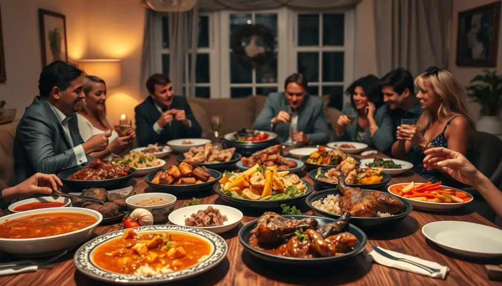 A cozy and inviting scene of a warm dinner party, set against a softly lit backdrop. In the foreground, a lush, wooden table is laden with an array of delectable main dishes - hearty stews, perfectly roasted meats, and vibrant vegetable platters. The middle ground features well-dressed guests seated around the table, engaged in lively conversation and savoring each bite. In the background, a subtly decorated living room with plush furnishings and warm lighting creates an intimate, welcoming atmosphere. The overall mood is one of comfort, conviviality, and the joy of sharing a nourishing, homemade meal with loved ones. A cozy and inviting scene of a warm dinner party, set against a softly lit backdrop. In the foreground, a lush, wooden table is laden with an array of delectable main dishes - hearty stews, perfectly roasted meats, and vibrant vegetable platters. The middle ground features well-dressed guests seated around the table, engaged in lively conversation and savoring each bite. In the background, a subtly decorated living room with plush furnishings and warm lighting creates an intimate, welcoming atmosphere. The overall mood is one of comfort, conviviality, and the joy of sharing a nourishing, homemade meal with loved ones.