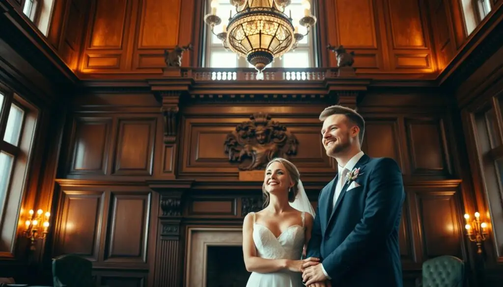 A cozy, intimate civil wedding ceremony in the historic Gdańsk City Hall. The bride and groom stand before a grand, ornate fireplace, their expressions joyful and serene. Warm, diffused lighting filters through tall windows, casting a soft glow on the scene. The couple's attire is elegant and timeless, complementing the stately, oak-paneled interior. In the background, a majestic chandelier and intricate architectural details add to the regal ambiance. The overall atmosphere evokes a sense of tradition, romance, and the solemnity of the occasion. A cozy, intimate civil wedding ceremony in the historic Gdańsk City Hall. The bride and groom stand before a grand, ornate fireplace, their expressions joyful and serene. Warm, diffused lighting filters through tall windows, casting a soft glow on the scene. The couple's attire is elegant and timeless, complementing the stately, oak-paneled interior. In the background, a majestic chandelier and intricate architectural details add to the regal ambiance. The overall atmosphere evokes a sense of tradition, romance, and the solemnity of the occasion.