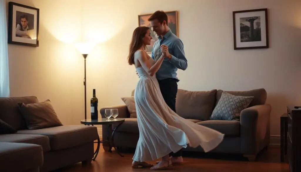 A cozy living room setting, bathed in warm, soft lighting. A young couple, casually dressed, stands in the center, their bodies in fluid motion as they gracefully glide through basic wedding dance steps. The woman's long, flowing dress sways gently, while the man's attentive gaze is fixed on their feet, carefully following her lead. Nearby, a small table holds a bottle of wine and two glasses, creating a relaxed, intimate atmosphere. The walls are adorned with framed artwork, adding a touch of personalization to the scene. The overall mood is one of casual, at-home dance practice, with a focus on the couple's connection and the simplicity of learning new dance moves together. A cozy living room setting, bathed in warm, soft lighting. A young couple, casually dressed, stands in the center, their bodies in fluid motion as they gracefully glide through basic wedding dance steps. The woman's long, flowing dress sways gently, while the man's attentive gaze is fixed on their feet, carefully following her lead. Nearby, a small table holds a bottle of wine and two glasses, creating a relaxed, intimate atmosphere. The walls are adorned with framed artwork, adding a touch of personalization to the scene. The overall mood is one of casual, at-home dance practice, with a focus on the couple's connection and the simplicity of learning new dance moves together.