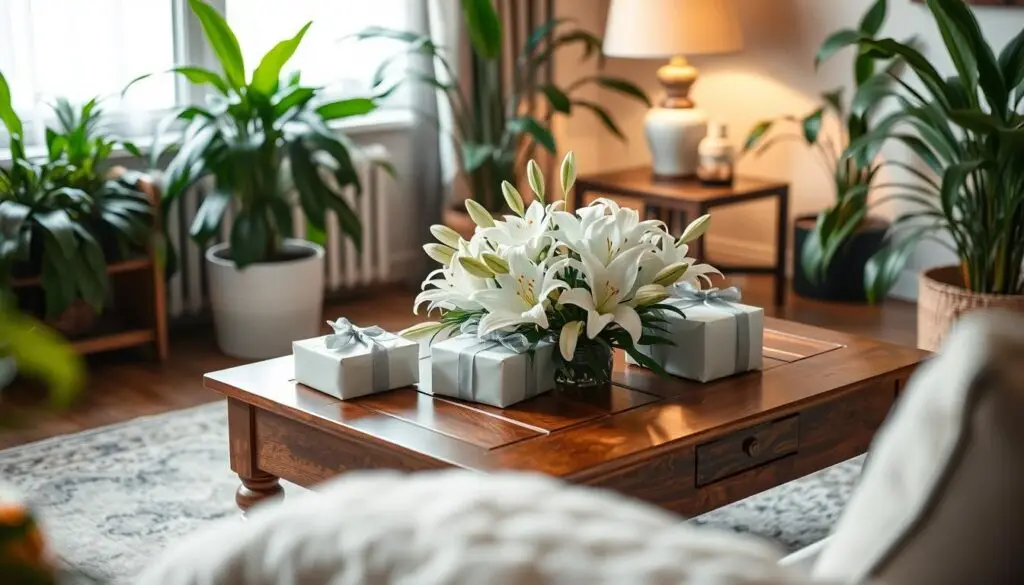 A cozy living room setting with a wooden coffee table adorned with a bouquet of elegant lilies, surrounded by thoughtfully wrapped gifts in shades of silver and ivory. Soft lighting from a nearby lamp casts a warm glow, creating an intimate and celebratory atmosphere. The scene is framed by lush, verdant houseplants, hinting at the lasting growth and nurturing nature of a 7-year marriage. Subtle textures and patterns in the room's furnishings and decor add depth and visual interest, reflecting the depth and richness of the relationship being commemorated. A cozy living room setting with a wooden coffee table adorned with a bouquet of elegant lilies, surrounded by thoughtfully wrapped gifts in shades of silver and ivory. Soft lighting from a nearby lamp casts a warm glow, creating an intimate and celebratory atmosphere. The scene is framed by lush, verdant houseplants, hinting at the lasting growth and nurturing nature of a 7-year marriage. Subtle textures and patterns in the room's furnishings and decor add depth and visual interest, reflecting the depth and richness of the relationship being commemorated.