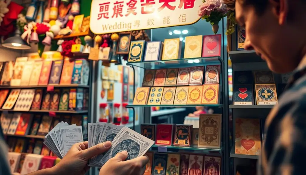 A cozy wedding souvenir shop, the storefront adorned with a vibrant array of scratch card displays. In the foreground, a customer examines a selection of wedding-themed scratch cards, their fingers poised to reveal the hidden prizes. The warm, inviting lighting casts a soft glow, creating an atmosphere of anticipation and celebration. Shelves in the middle ground showcase an assortment of ornate, decorative scratch cards in various designs, hinting at the personalized options available. In the background, the shop's interior is visible, with tasteful decor and a welcoming ambiance, setting the stage for the perfect wedding souvenir experience.