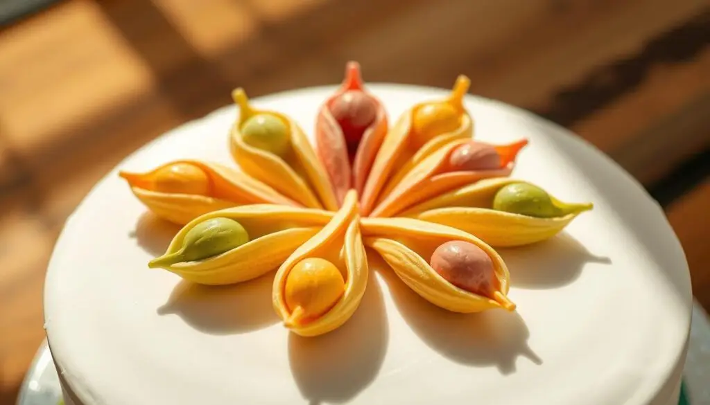 A delectable assortment of masa pods, each filled with a unique flavor, resting atop a pristine white opłatek, ready to adorn a sumptuous cake. The pods, in vibrant shades of yellow, pink, and green, are arranged in an elegant, asymmetrical pattern, casting soft shadows and highlights that accentuate their texture and form. The overall composition is captured in a warm, natural lighting, with a subtle depth of field that draws the viewer's eye to the center of the display. The scene exudes a sense of artisanal craftsmanship and culinary creativity, inviting the imagination to explore the boundless possibilities of flavor combinations within these delectable masa pods. A delectable assortment of masa pods, each filled with a unique flavor, resting atop a pristine white opłatek, ready to adorn a sumptuous cake. The pods, in vibrant shades of yellow, pink, and green, are arranged in an elegant, asymmetrical pattern, casting soft shadows and highlights that accentuate their texture and form. The overall composition is captured in a warm, natural lighting, with a subtle depth of field that draws the viewer's eye to the center of the display. The scene exudes a sense of artisanal craftsmanship and culinary creativity, inviting the imagination to explore the boundless possibilities of flavor combinations within these delectable masa pods.