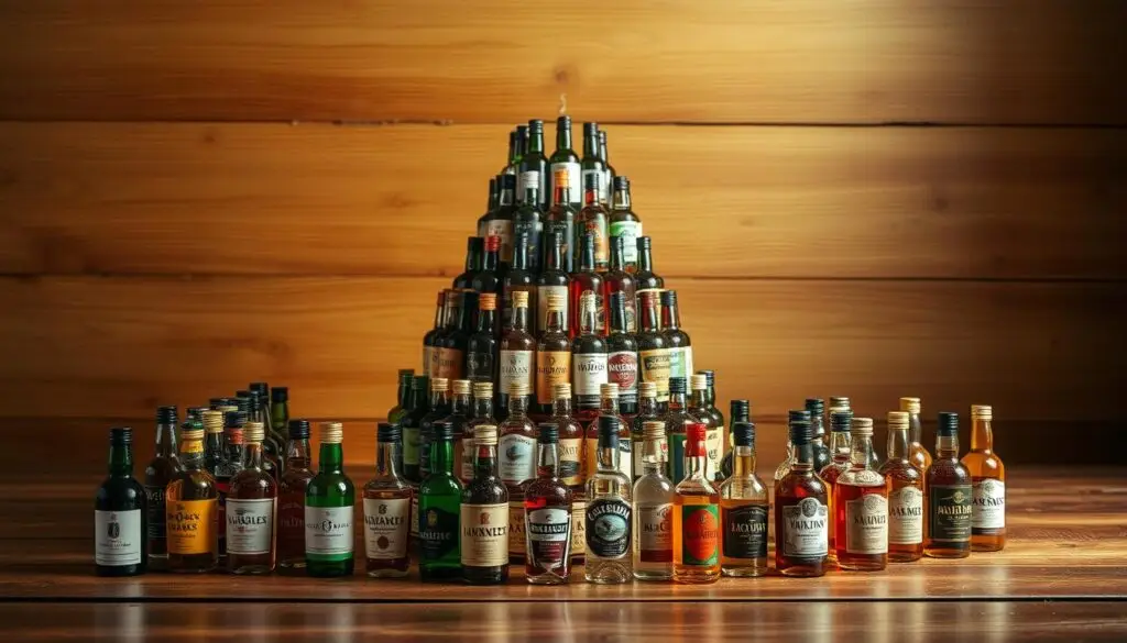 A delectable cake made from an assortment of liquor bottles, arrayed on a wooden surface. In the foreground, a variety of miniature liquor bottles, their labels clearly visible, are strategically placed. The middle ground features the main cake structure, crafted with precision to resemble a tiered tower of bottles, each layer meticulously arranged. The background showcases a warm, earthy tone, highlighting the natural textures of the wooden surface, creating a rustic and inviting atmosphere. Soft, directional lighting gently illuminates the scene, casting subtle shadows and emphasizing the intricate details of the materials used. The overall composition conveys a sense of creativity, celebration, and the art of repurposing everyday objects into a unique and visually striking display. A delectable cake made from an assortment of liquor bottles, arrayed on a wooden surface. In the foreground, a variety of miniature liquor bottles, their labels clearly visible, are strategically placed. The middle ground features the main cake structure, crafted with precision to resemble a tiered tower of bottles, each layer meticulously arranged. The background showcases a warm, earthy tone, highlighting the natural textures of the wooden surface, creating a rustic and inviting atmosphere. Soft, directional lighting gently illuminates the scene, casting subtle shadows and emphasizing the intricate details of the materials used. The overall composition conveys a sense of creativity, celebration, and the art of repurposing everyday objects into a unique and visually striking display.
