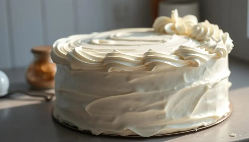 A delicately frosted white cake, its layers of moist sponge and fluffy whipped cream glistening under soft, natural lighting. The cake is captured in a three-quarter angle, showcasing its elegant silhouette and the intricate swirls of the cream topping. The background is a minimalist kitchen countertop, with a few simple utensils and ingredients nearby, hinting at the care and preparation that went into this dessert. The overall mood is one of tranquility and anticipation, inviting the viewer to imagine the satisfying sensation of slicing into this perfectly frozen treat. A delicately frosted white cake, its layers of moist sponge and fluffy whipped cream glistening under soft, natural lighting. The cake is captured in a three-quarter angle, showcasing its elegant silhouette and the intricate swirls of the cream topping. The background is a minimalist kitchen countertop, with a few simple utensils and ingredients nearby, hinting at the care and preparation that went into this dessert. The overall mood is one of tranquility and anticipation, inviting the viewer to imagine the satisfying sensation of slicing into this perfectly frozen treat.