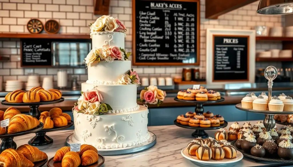 A detailed image of a high-end bakery display showcasing an assortment of delectable cakes and pastries. The focal point is a magnificent tiered wedding cake, adorned with intricate piping, fresh flowers, and delicate sugar decorations. The cake is positioned on a marble countertop, surrounded by other tempting treats such as flaky croissants, creamy eclairs, and rich chocolate-covered profiteroles. The scene is bathed in warm, soft lighting, creating a inviting and luxurious atmosphere. The background features a classic bakery interior with subway tile walls, wood-paneled accents, and a chalkboard menu displaying the current prices. The overall composition conveys the high-quality and premium nature of the baked goods, setting the stage for the article's focus on the average cost of these desirable confections.