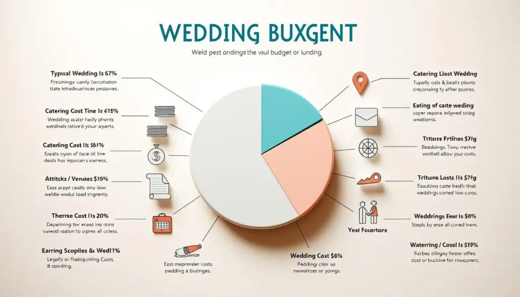 A detailed infographic depicting the various wedding expenses to consider in a wedding budget. The main focus is a pie chart showcasing the typical percentage breakdown of common wedding costs, such as venue, catering, attire, decorations, and other elements. The chart is surrounded by small icons and illustrations highlighting these individual expense categories. The background features a soft, pastel-colored pattern, creating a clean and organized visual presentation. Subtle lighting casts a warm, natural glow across the scene, emphasizing the informative and financial planning aspects of the image. The overall composition is well-balanced, drawing the viewer's attention to the key budgetary information. A detailed infographic depicting the various wedding expenses to consider in a wedding budget. The main focus is a pie chart showcasing the typical percentage breakdown of common wedding costs, such as venue, catering, attire, decorations, and other elements. The chart is surrounded by small icons and illustrations highlighting these individual expense categories. The background features a soft, pastel-colored pattern, creating a clean and organized visual presentation. Subtle lighting casts a warm, natural glow across the scene, emphasizing the informative and financial planning aspects of the image. The overall composition is well-balanced, drawing the viewer's attention to the key budgetary information.