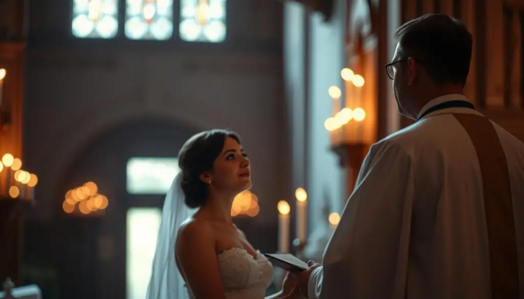 A dimly lit church interior, the warm glow of candles flickering in the background. In the foreground, a couple stands before a priest, their faces filled with reverence and anticipation as they exchange vows, embarking on the sacred journey of marriage. The scene is captured with a shallow depth of field, drawing the viewer's attention to the central figures and the solemnity of the moment. Soft, romantic lighting casts a gentle, ethereal atmosphere, creating a sense of timelessness and the profound significance of the sacrament. A dimly lit church interior, the warm glow of candles flickering in the background. In the foreground, a couple stands before a priest, their faces filled with reverence and anticipation as they exchange vows, embarking on the sacred journey of marriage. The scene is captured with a shallow depth of field, drawing the viewer's attention to the central figures and the solemnity of the moment. Soft, romantic lighting casts a gentle, ethereal atmosphere, creating a sense of timelessness and the profound significance of the sacrament.
