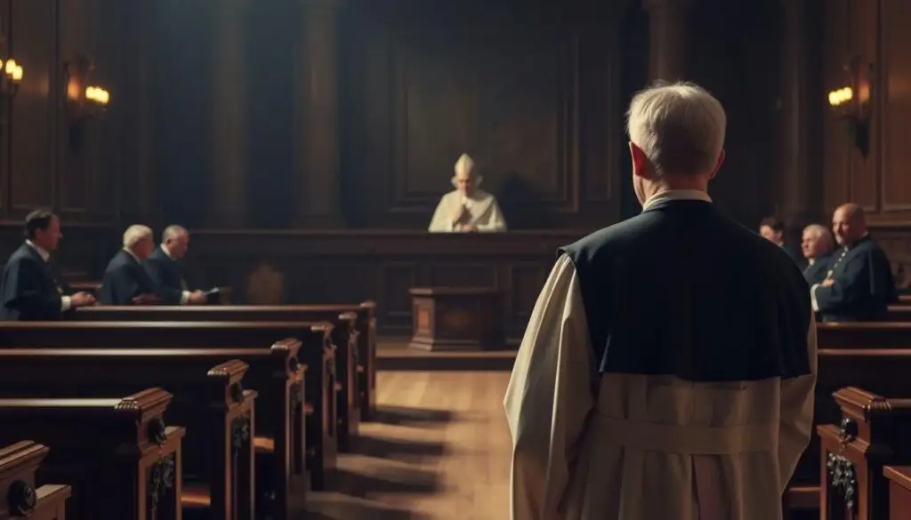 A dimly lit courtroom interior, with ornate wooden pews and a raised dais at the front. Clergy members in ceremonial robes sit in contemplation, their faces solemn. A petitioner stands before them, their expression pensive as they present their case for the annulment of their marriage. Soft, warm lighting casts a somber, reverent atmosphere, emphasizing the gravity of the proceedings. The scene conveys the solemnity and complexity of the church's process for determining the validity of a marriage, a crucial moment in the lives of those seeking spiritual and legal resolution. A dimly lit courtroom interior, with ornate wooden pews and a raised dais at the front. Clergy members in ceremonial robes sit in contemplation, their faces solemn. A petitioner stands before them, their expression pensive as they present their case for the annulment of their marriage. Soft, warm lighting casts a somber, reverent atmosphere, emphasizing the gravity of the proceedings. The scene conveys the solemnity and complexity of the church's process for determining the validity of a marriage, a crucial moment in the lives of those seeking spiritual and legal resolution.
