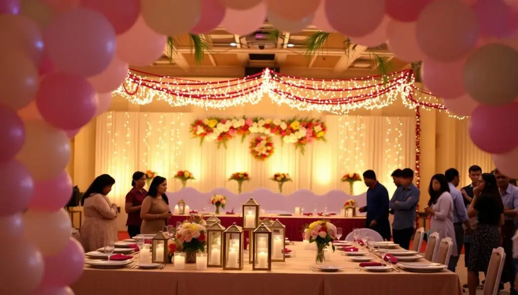 A festive party setting featuring an array of stylish decorations and the lively presence of accompanying guests. In the foreground, elegant balloon arches in pastel hues frame the scene, creating a warm and inviting atmosphere. In the middle ground, a collection of tastefully arranged floral centerpieces and candle-lit lanterns adorn a long, beautifully set table, ready to host a special celebration. The background showcases a tastefully decorated backdrop, with strings of fairy lights and colorful garlands adding a touch of whimsy and sophistication. The overall mood is one of joyful celebration, where the presence of accompanying guests enhances the festive ambiance. A festive party setting featuring an array of stylish decorations and the lively presence of accompanying guests. In the foreground, elegant balloon arches in pastel hues frame the scene, creating a warm and inviting atmosphere. In the middle ground, a collection of tastefully arranged floral centerpieces and candle-lit lanterns adorn a long, beautifully set table, ready to host a special celebration. The background showcases a tastefully decorated backdrop, with strings of fairy lights and colorful garlands adding a touch of whimsy and sophistication. The overall mood is one of joyful celebration, where the presence of accompanying guests enhances the festive ambiance.