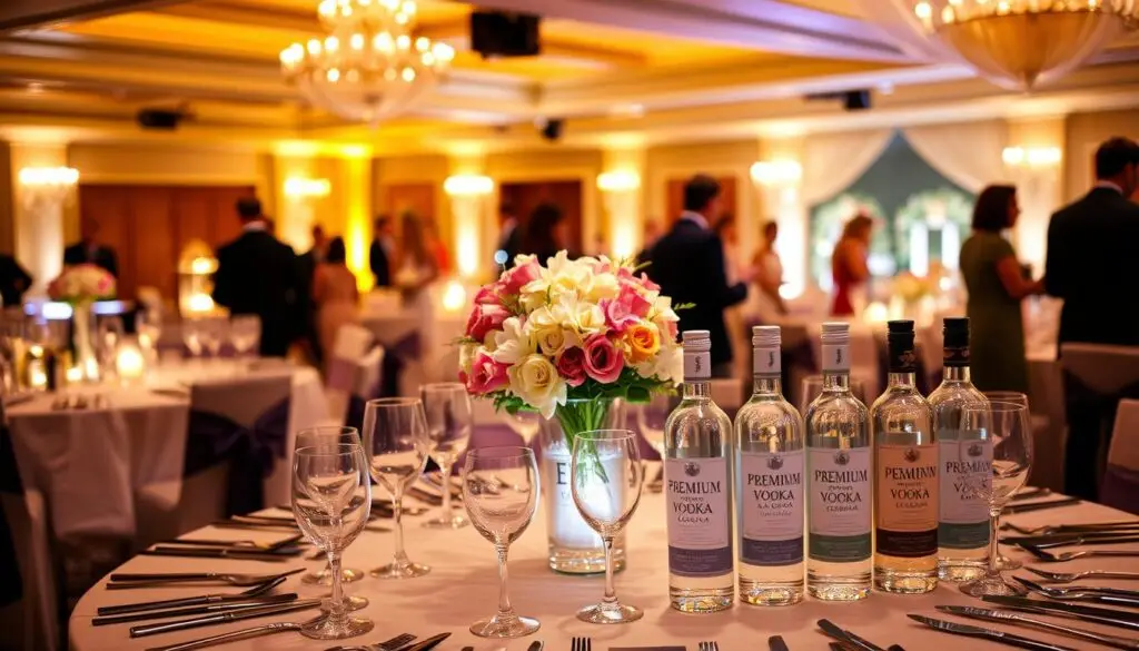 A festive table set for a wedding reception, adorned with elegant glassware and bottles of premium vodka. The centerpiece showcases a striking arrangement of fresh flowers, casting a warm glow under the soft, ambient lighting. In the foreground, a well-stocked bar with a selection of premium vodka bottles, each one meticulously labeled and displayed. The background features a panoramic view of the wedding venue, with guests mingling and celebrating against a backdrop of warm, inviting decor. The overall scene exudes a sense of sophistication, luxury, and the joyous spirit of the occasion. A festive table set for a wedding reception, adorned with elegant glassware and bottles of premium vodka. The centerpiece showcases a striking arrangement of fresh flowers, casting a warm glow under the soft, ambient lighting. In the foreground, a well-stocked bar with a selection of premium vodka bottles, each one meticulously labeled and displayed. The background features a panoramic view of the wedding venue, with guests mingling and celebrating against a backdrop of warm, inviting decor. The overall scene exudes a sense of sophistication, luxury, and the joyous spirit of the occasion.