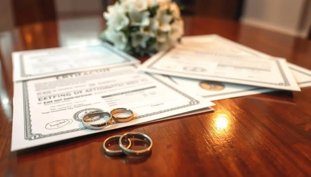 A formal wedding ceremony preparation, with documents and official paperwork neatly organized on a polished wooden table. Soft, warm lighting casts a cozy glow, highlighting the intricate details of the documents - stamps, seals, and signatures. In the foreground, a pair of wedding rings rests alongside the paperwork, symbolizing the impending union. The middle ground features a bouquet of elegant flowers, adding a touch of romance to the scene. The background is slightly blurred, creating a sense of depth and focus on the central elements. The overall mood is one of solemnity, significance, and the gravity of the legal and religious aspects of the forthcoming marriage. A formal wedding ceremony preparation, with documents and official paperwork neatly organized on a polished wooden table. Soft, warm lighting casts a cozy glow, highlighting the intricate details of the documents - stamps, seals, and signatures. In the foreground, a pair of wedding rings rests alongside the paperwork, symbolizing the impending union. The middle ground features a bouquet of elegant flowers, adding a touch of romance to the scene. The background is slightly blurred, creating a sense of depth and focus on the central elements. The overall mood is one of solemnity, significance, and the gravity of the legal and religious aspects of the forthcoming marriage.