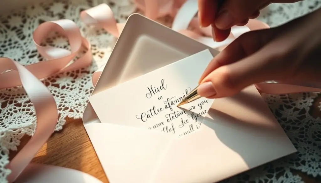 A formal wedding invitation being elegantly handwritten with a quill pen on fine stationery, against a backdrop of lace and ribbons in soft pastel colors. The invitation is being placed into a luxurious envelope, ready to be sealed and mailed. The lighting is warm and inviting, creating a sense of anticipation and attention to detail. The overall composition conveys the importance and timely nature of sending out wedding invitations well in advance. A formal wedding invitation being elegantly handwritten with a quill pen on fine stationery, against a backdrop of lace and ribbons in soft pastel colors. The invitation is being placed into a luxurious envelope, ready to be sealed and mailed. The lighting is warm and inviting, creating a sense of anticipation and attention to detail. The overall composition conveys the importance and timely nature of sending out wedding invitations well in advance.