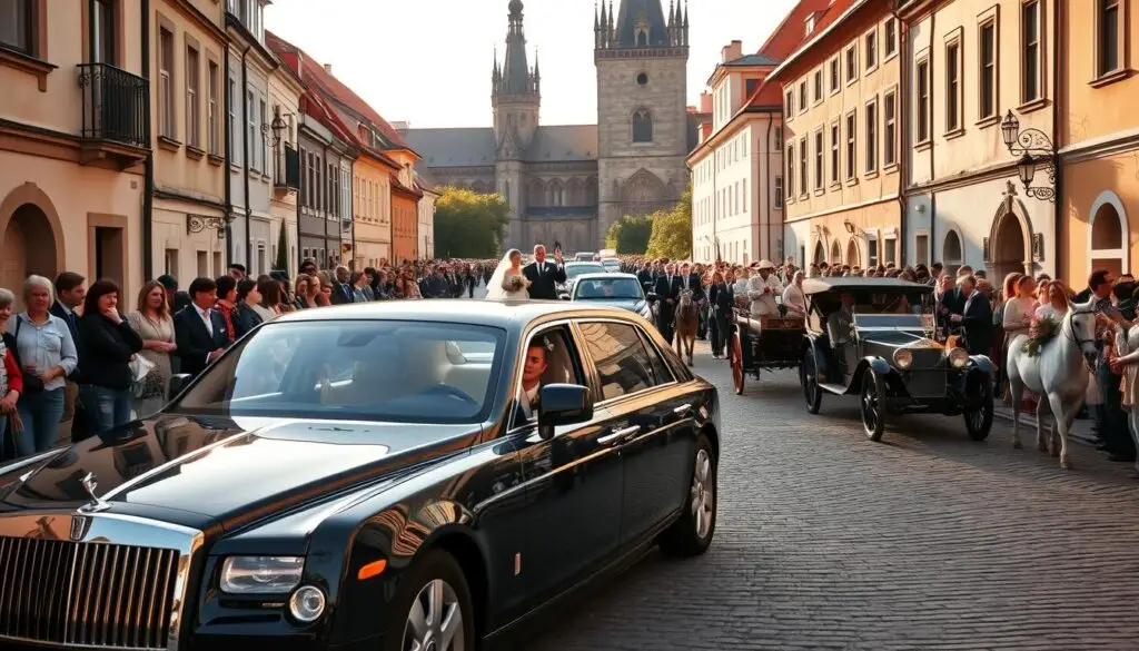 A formal wedding procession winding its way through a quaint, cobblestone street in a picturesque Polish town. In the foreground, the soon-to-be-wed couple's gleaming black limousine leads the procession, its passengers waving to onlookers. Behind it, a stately line of polished vintage cars and horse-drawn carriages carrying the wedding party, their elegant attire and joyous expressions evident even from a distance. The middle ground is filled with rows of spectators lining the streets, their faces alight with anticipation. In the background, the imposing Gothic spires of a historic church loom, the ultimate destination of this traditional wedding parade. Warm, golden sunlight bathes the entire scene, imbuing it with a sense of timeless celebration. A formal wedding procession winding its way through a quaint, cobblestone street in a picturesque Polish town. In the foreground, the soon-to-be-wed couple's gleaming black limousine leads the procession, its passengers waving to onlookers. Behind it, a stately line of polished vintage cars and horse-drawn carriages carrying the wedding party, their elegant attire and joyous expressions evident even from a distance. The middle ground is filled with rows of spectators lining the streets, their faces alight with anticipation. In the background, the imposing Gothic spires of a historic church loom, the ultimate destination of this traditional wedding parade. Warm, golden sunlight bathes the entire scene, imbuing it with a sense of timeless celebration.