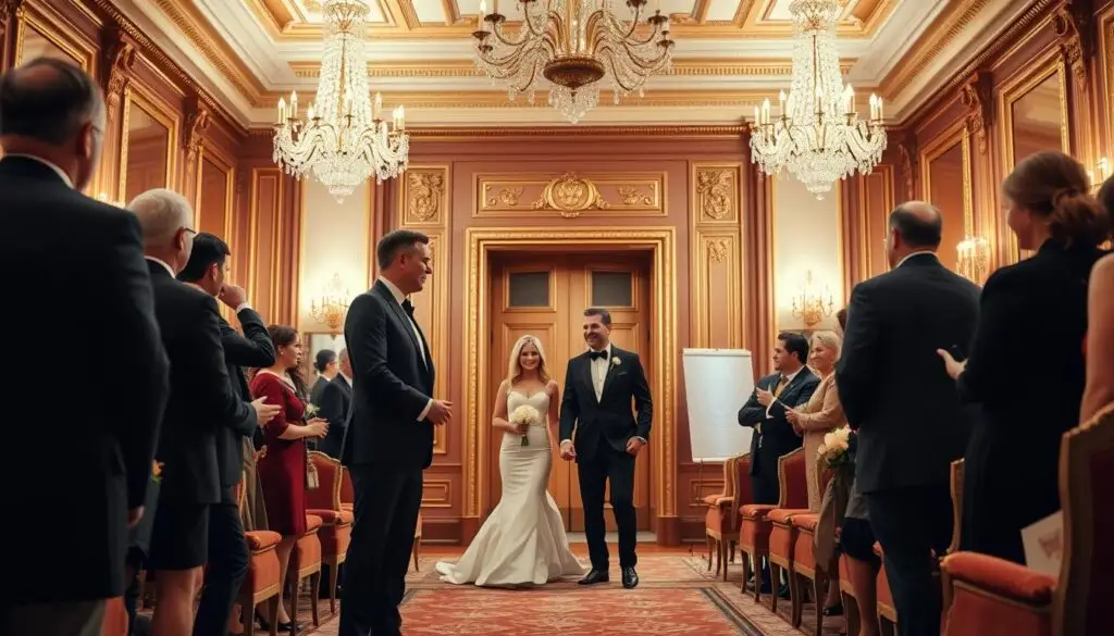 A formal wedding reception in a grand, ornate hall. At the entryway, a graceful, well-dressed couple stands ready to greet guests, offering warm smiles and handshakes. The rich, luxurious decor of the space - gilded moldings, crystal chandeliers, and plush velvet furnishings - creates an atmosphere of elegance and sophistication. Soft, diffused lighting casts a gentle glow, highlighting the refined attire of the hosts and the anticipation of the celebration to come. The guests, dressed in their finest, approach the couple with expressions of joy and anticipation, ready to partake in the special occasion. A formal wedding reception in a grand, ornate hall. At the entryway, a graceful, well-dressed couple stands ready to greet guests, offering warm smiles and handshakes. The rich, luxurious decor of the space - gilded moldings, crystal chandeliers, and plush velvet furnishings - creates an atmosphere of elegance and sophistication. Soft, diffused lighting casts a gentle glow, highlighting the refined attire of the hosts and the anticipation of the celebration to come. The guests, dressed in their finest, approach the couple with expressions of joy and anticipation, ready to partake in the special occasion.