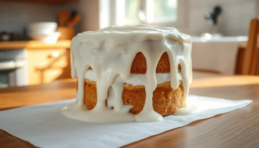 A frozen cake with whipped cream, slowly thawing on a wooden table. The creamy white frosting melts and drips down the sides, revealing the soft sponge cake beneath. Sunlight streams in through a window, casting a warm glow on the scene. The table is set with a clean white tablecloth, adding to the sense of freshness. In the background, a blurred kitchen counter holds a few utensils, hinting at the process of reviving the frozen dessert. The overall atmosphere is one of delicate, gradually unfolding transformation. A frozen cake with whipped cream, slowly thawing on a wooden table. The creamy white frosting melts and drips down the sides, revealing the soft sponge cake beneath. Sunlight streams in through a window, casting a warm glow on the scene. The table is set with a clean white tablecloth, adding to the sense of freshness. In the background, a blurred kitchen counter holds a few utensils, hinting at the process of reviving the frozen dessert. The overall atmosphere is one of delicate, gradually unfolding transformation.