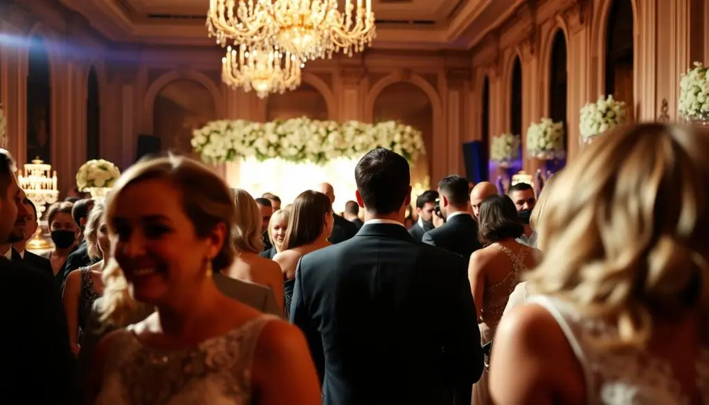 A grand wedding celebration unfolds, capturing the guests of Robert Lewandowski's nuptials. In the foreground, elegantly dressed attendees mingle, their faces alight with joy and anticipation. The middle ground reveals a meticulously decorated venue, its ornate architecture and lush floral arrangements creating a breathtaking backdrop. Soft, warm lighting illuminates the scene, casting a romantic glow over the gathering. In the background, a sense of excitement and energy permeates the air, as the guests eagerly await the arrival of the newlyweds. The overall atmosphere exudes a palpable sense of celebration, marking a momentous occasion in the lives of the renowned footballer and his beloved. A grand wedding celebration unfolds, capturing the guests of Robert Lewandowski's nuptials. In the foreground, elegantly dressed attendees mingle, their faces alight with joy and anticipation. The middle ground reveals a meticulously decorated venue, its ornate architecture and lush floral arrangements creating a breathtaking backdrop. Soft, warm lighting illuminates the scene, casting a romantic glow over the gathering. In the background, a sense of excitement and energy permeates the air, as the guests eagerly await the arrival of the newlyweds. The overall atmosphere exudes a palpable sense of celebration, marking a momentous occasion in the lives of the renowned footballer and his beloved.