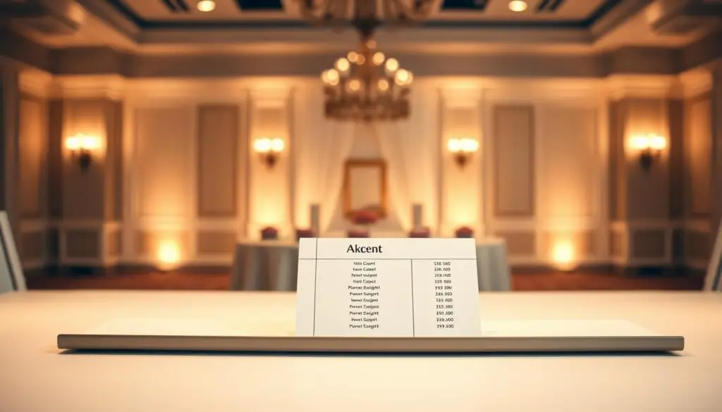 A high-quality professional image showcasing the pricing details for the popular Polish wedding band Akcent. The image features a clean, minimalist design with a sleek, modern aesthetic. In the foreground, a crisp, well-lit table displays a neatly arranged list of the band's pricing options, presented in a clear, organized manner. The middle ground shows a blurred, elegant background, perhaps a softly lit ballroom or wedding venue, creating a sense of sophistication. The lighting is warm and inviting, with subtle highlights and shadows accentuating the key details. The overall mood is one of sophistication, professionalism, and attention to detail, perfectly suiting the informative nature of the content.