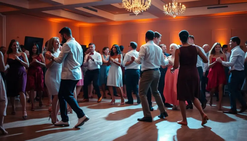 A lively dance floor, filled with joyful wedding guests performing simple, elegant dance moves. In the foreground, a group of couples sway gracefully, their feet stepping in time to the upbeat music. The middle ground showcases a diverse array of dance styles, from classic ballroom to contemporary twists, all executed with a sense of rhythm and flair. The background is softly blurred, creating a focus on the dancers, illuminated by warm, golden lighting that sets a celebratory mood. The overall scene captures the essence of a vibrant, inclusive wedding reception, where everyone can participate in the timeless tradition of wedding dance. A lively dance floor, filled with joyful wedding guests performing simple, elegant dance moves. In the foreground, a group of couples sway gracefully, their feet stepping in time to the upbeat music. The middle ground showcases a diverse array of dance styles, from classic ballroom to contemporary twists, all executed with a sense of rhythm and flair. The background is softly blurred, creating a focus on the dancers, illuminated by warm, golden lighting that sets a celebratory mood. The overall scene captures the essence of a vibrant, inclusive wedding reception, where everyone can participate in the timeless tradition of wedding dance.
