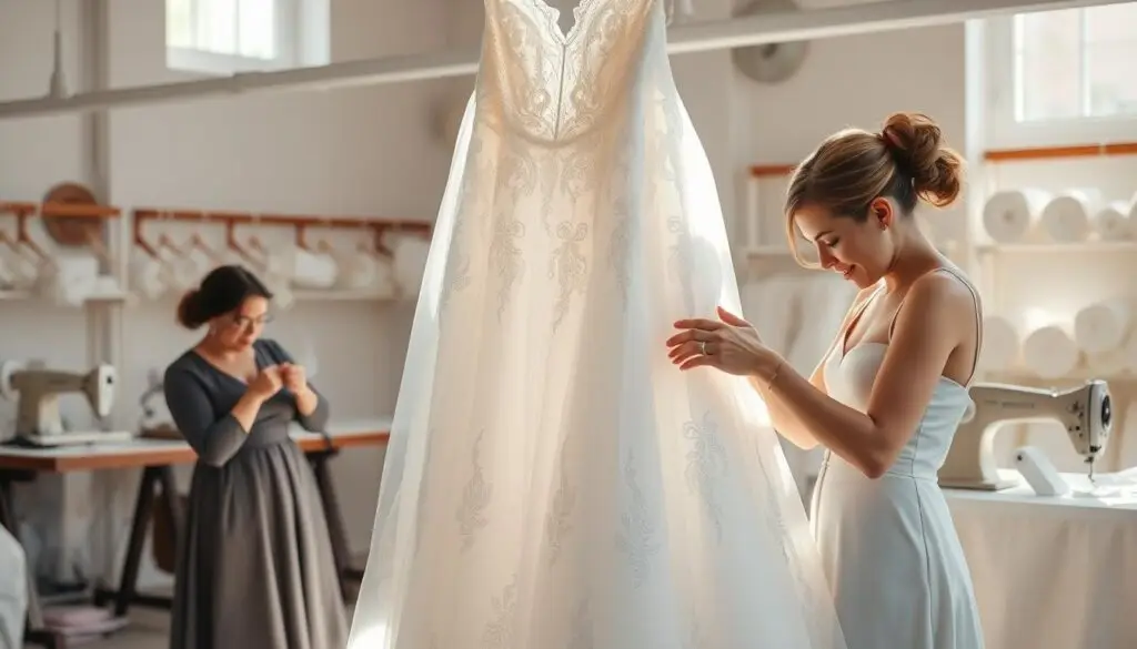 A luxurious white wedding dress hangs gracefully in a sunlit atelier, its intricate lace and satin details catching the light. Tailors carefully measure the fabric, their hands deftly pinning and stitching, bringing the gown to life. In the background, bolts of delicate chiffon and tulle await their turn, hinting at the endless possibilities for customization. The air is filled with the soft hum of sewing machines and the crisp scent of freshly pressed fabric, creating an atmosphere of anticipation and creativity. The scene captures the artistry and attention to detail that goes into the making of a truly exceptional, one-of-a-kind wedding dress. A luxurious white wedding dress hangs gracefully in a sunlit atelier, its intricate lace and satin details catching the light. Tailors carefully measure the fabric, their hands deftly pinning and stitching, bringing the gown to life. In the background, bolts of delicate chiffon and tulle await their turn, hinting at the endless possibilities for customization. The air is filled with the soft hum of sewing machines and the crisp scent of freshly pressed fabric, creating an atmosphere of anticipation and creativity. The scene captures the artistry and attention to detail that goes into the making of a truly exceptional, one-of-a-kind wedding dress.