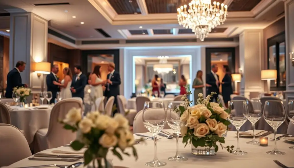 A modern wedding reception venue with elegant decor and warm lighting. In the foreground, a beautifully laid table adorned with delicate flowers, glassware, and polished silverware, setting the stage for an intimate dining experience. In the middle ground, smartly dressed guests mingling and enjoying lively conversation, capturing the joyful atmosphere of the celebration. The background features cozy accommodations, such as a plush hotel lobby or luxurious guest suite, hinting at the comprehensive wedding package. Soft, romantic tones throughout, creating a cohesive and visually appealing scene that evokes the essence of a memorable wedding celebration with overnight stay. A modern wedding reception venue with elegant decor and warm lighting. In the foreground, a beautifully laid table adorned with delicate flowers, glassware, and polished silverware, setting the stage for an intimate dining experience. In the middle ground, smartly dressed guests mingling and enjoying lively conversation, capturing the joyful atmosphere of the celebration. The background features cozy accommodations, such as a plush hotel lobby or luxurious guest suite, hinting at the comprehensive wedding package. Soft, romantic tones throughout, creating a cohesive and visually appealing scene that evokes the essence of a memorable wedding celebration with overnight stay.