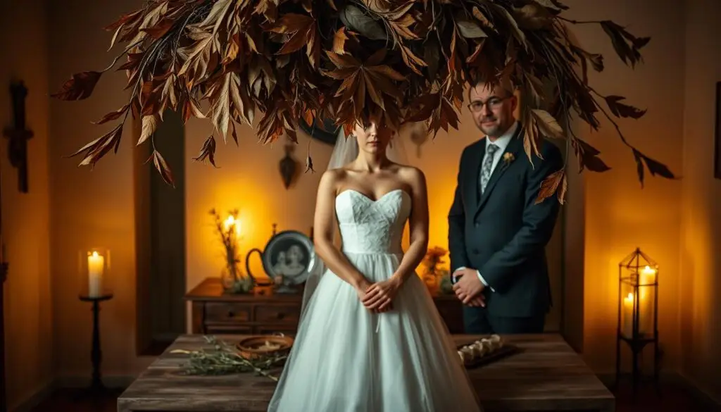 A mystical autumn scene showcasing traditional Polish wedding superstitions. In the foreground, a bride and groom stand beneath a wreath of dried autumn leaves, hands clasped, their expressions thoughtful. Behind them, an array of symbolic objects - a horseshoe, a sprig of rosemary, a mirror - arranged on a wooden table, hinting at the customs and beliefs surrounding a November wedding. The background depicts a dimly lit, cozy interior, with muted golden lighting casting a warm, romantic glow. Shadows flicker, evoking a sense of the supernatural and the deeply rooted traditions that shape this special occasion. A mystical autumn scene showcasing traditional Polish wedding superstitions. In the foreground, a bride and groom stand beneath a wreath of dried autumn leaves, hands clasped, their expressions thoughtful. Behind them, an array of symbolic objects - a horseshoe, a sprig of rosemary, a mirror - arranged on a wooden table, hinting at the customs and beliefs surrounding a November wedding. The background depicts a dimly lit, cozy interior, with muted golden lighting casting a warm, romantic glow. Shadows flicker, evoking a sense of the supernatural and the deeply rooted traditions that shape this special occasion.