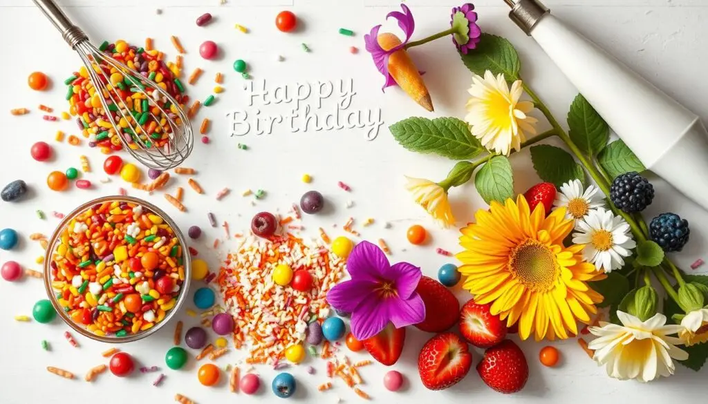A neatly arranged assortment of vibrant, fresh ingredients for a birthday cake decoration, including various sprinkles, colorful candies, fresh berries, edible flowers, and baking tools like a whisk and a piping bag, all illuminated by soft, diffused natural lighting. The composition is balanced and visually appealing, capturing the essence of creativity and the joy of cake decorating. The scene is shot from a slightly elevated angle, creating an inviting and accessible perspective for the viewer. A neatly arranged assortment of vibrant, fresh ingredients for a birthday cake decoration, including various sprinkles, colorful candies, fresh berries, edible flowers, and baking tools like a whisk and a piping bag, all illuminated by soft, diffused natural lighting. The composition is balanced and visually appealing, capturing the essence of creativity and the joy of cake decorating. The scene is shot from a slightly elevated angle, creating an inviting and accessible perspective for the viewer.
