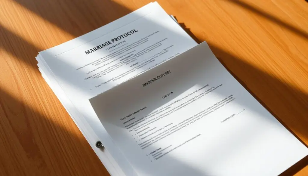 A neatly organized stack of documents, including a marriage protocol, certificate, and various official forms, rests on a warm, wooden table. The lighting is soft and natural, casting gentle shadows that accentuate the textures of the papers. The scene is captured from a slightly elevated angle, creating a sense of order and attention to detail. The overall mood is one of solemnity and preparation, reflecting the importance of the upcoming religious ceremony. A neatly organized stack of documents, including a marriage protocol, certificate, and various official forms, rests on a warm, wooden table. The lighting is soft and natural, casting gentle shadows that accentuate the textures of the papers. The scene is captured from a slightly elevated angle, creating a sense of order and attention to detail. The overall mood is one of solemnity and preparation, reflecting the importance of the upcoming religious ceremony.