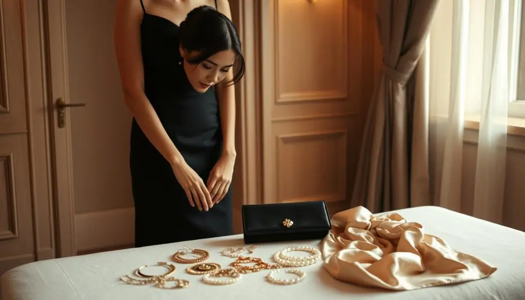 A refined, elegant woman in a sleek black dress stands in a warm, softly lit room, thoughtfully considering a collection of fashion accessories laid out before her. Delicate gold and pearl jewelry, a statement clutch, and a luxurious silk scarf provide luxurious finishing touches. The image conveys a sense of refined sophistication and thoughtful style curation, perfectly suited for an evening wedding celebration.