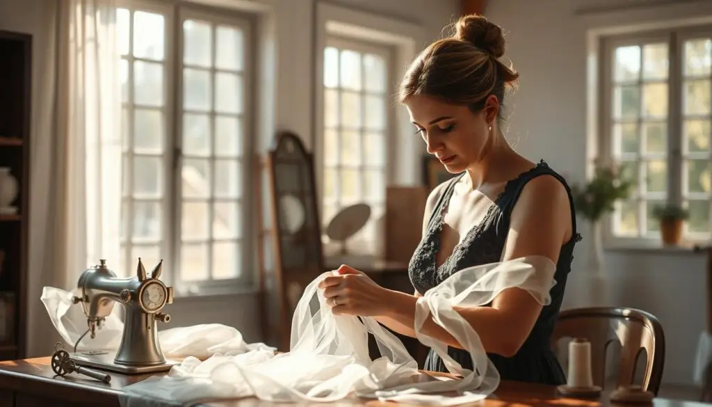 A skilled seamstress in a well-lit studio, carefully crafting a delicate wedding dress. The sheer fabric flows gracefully as she stitches with precise, nimble movements. Sunlight filters through large windows, casting a warm, soft glow on the scene. Elegant sewing tools and spools of thread are neatly arranged on a wooden table, complementing the serene, focused atmosphere. The seamstress's expression is one of deep concentration, her brow furrowed as she works to bring this special garment to life. The resulting image should convey the expertise, dedication, and artistry involved in custom-tailoring a beautiful wedding dress. A skilled seamstress in a well-lit studio, carefully crafting a delicate wedding dress. The sheer fabric flows gracefully as she stitches with precise, nimble movements. Sunlight filters through large windows, casting a warm, soft glow on the scene. Elegant sewing tools and spools of thread are neatly arranged on a wooden table, complementing the serene, focused atmosphere. The seamstress's expression is one of deep concentration, her brow furrowed as she works to bring this special garment to life. The resulting image should convey the expertise, dedication, and artistry involved in custom-tailoring a beautiful wedding dress.