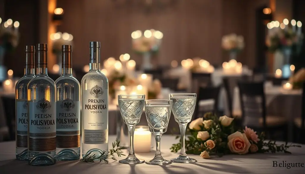 A sophisticated and elegant scene of the finest Polish vodka for a wedding celebration. In the foreground, an array of premium Polish vodka bottles, their sleek glass and metallic labels gleaming under soft, warm lighting. In the middle ground, crystal tumblers filled with the clear, sparkling spirit, surrounded by fresh botanicals and herbs. The background is a blur of candlelit tables, linen-draped and adorned with delicate floral arrangements, creating an atmosphere of refined sophistication. The overall mood is one of refined luxury, perfectly suited for a celebratory wedding toast. Captured with a high-quality lens, the image conveys the essence of the best Polish vodkas for the most joyous of occasions. A sophisticated and elegant scene of the finest Polish vodka for a wedding celebration. In the foreground, an array of premium Polish vodka bottles, their sleek glass and metallic labels gleaming under soft, warm lighting. In the middle ground, crystal tumblers filled with the clear, sparkling spirit, surrounded by fresh botanicals and herbs. The background is a blur of candlelit tables, linen-draped and adorned with delicate floral arrangements, creating an atmosphere of refined sophistication. The overall mood is one of refined luxury, perfectly suited for a celebratory wedding toast. Captured with a high-quality lens, the image conveys the essence of the best Polish vodkas for the most joyous of occasions.