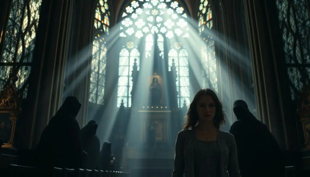 A stained glass cathedral interior, beams of ethereal light filtering through, casting a serene ambiance. In the foreground, a couple stands solemnly, their expressions troubled, as shadowy figures loom behind them, symbolizing the obstacles that have torn their holy union asunder. The middle ground features ornate religious iconography, a visual metaphor for the sacred vows now in jeopardy. The background fades into a hazy, dreamlike realm, evoking the sense of a spiritual crisis unfolding. Cinematic lighting and a muted color palette lend an air of solemn gravity to the scene. A stained glass cathedral interior, beams of ethereal light filtering through, casting a serene ambiance. In the foreground, a couple stands solemnly, their expressions troubled, as shadowy figures loom behind them, symbolizing the obstacles that have torn their holy union asunder. The middle ground features ornate religious iconography, a visual metaphor for the sacred vows now in jeopardy. The background fades into a hazy, dreamlike realm, evoking the sense of a spiritual crisis unfolding. Cinematic lighting and a muted color palette lend an air of solemn gravity to the scene.