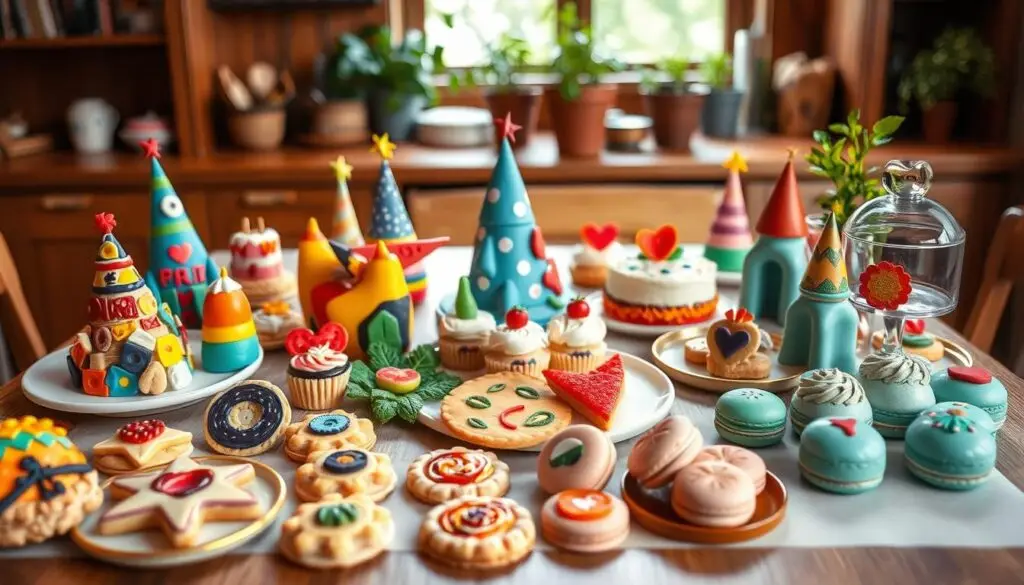 A table of creative, hand-crafted birthday snacks and treats, featuring an array of colorful, playful edible artworks. In the foreground, artfully arranged painted cookies, candy sculptures, and mini-cakes adorned with intricate designs and whimsical decorations. The middle ground showcases molded fruit shapes, savory crackers adorned with vegetable cuttings, and fondant-covered macarons. The background is a warm, softly-lit kitchen setting, with wooden surfaces, potted herbs, and hints of natural light filtering through. The overall mood is one of celebration, creativity, and homemade delight, capturing the spirit of "Kreatywne prace plastyczne jako przekąski" for a memorable birthday gathering. A table of creative, hand-crafted birthday snacks and treats, featuring an array of colorful, playful edible artworks. In the foreground, artfully arranged painted cookies, candy sculptures, and mini-cakes adorned with intricate designs and whimsical decorations. The middle ground showcases molded fruit shapes, savory crackers adorned with vegetable cuttings, and fondant-covered macarons. The background is a warm, softly-lit kitchen setting, with wooden surfaces, potted herbs, and hints of natural light filtering through. The overall mood is one of celebration, creativity, and homemade delight, capturing the spirit of "Kreatywne prace plastyczne jako przekąski" for a memorable birthday gathering.