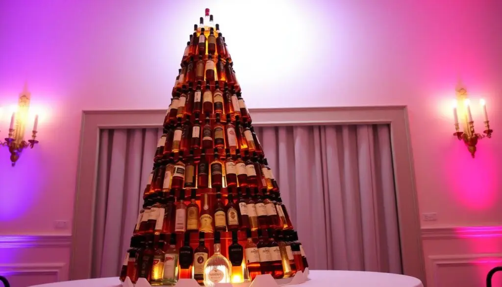 A towering cake-like structure, meticulously crafted from carefully arranged liquor bottles, stands proudly against a softly-lit, elegant backdrop. The bottles, arranged in a spiral pattern, cascade gracefully down the tiers, creating a visually striking and alluring centerpiece. Subtle lighting from above casts a warm, inviting glow, highlighting the intricate details and the subtle interplay of glass and liquid. The overall composition exudes a sense of artistry, craftsmanship, and the celebratory nature of the occasion, perfectly capturing the essence of a "Tort z butelek alkoholu" - a unique and impressive DIY creation. A towering cake-like structure, meticulously crafted from carefully arranged liquor bottles, stands proudly against a softly-lit, elegant backdrop. The bottles, arranged in a spiral pattern, cascade gracefully down the tiers, creating a visually striking and alluring centerpiece. Subtle lighting from above casts a warm, inviting glow, highlighting the intricate details and the subtle interplay of glass and liquid. The overall composition exudes a sense of artistry, craftsmanship, and the celebratory nature of the occasion, perfectly capturing the essence of a "Tort z butelek alkoholu" - a unique and impressive DIY creation.