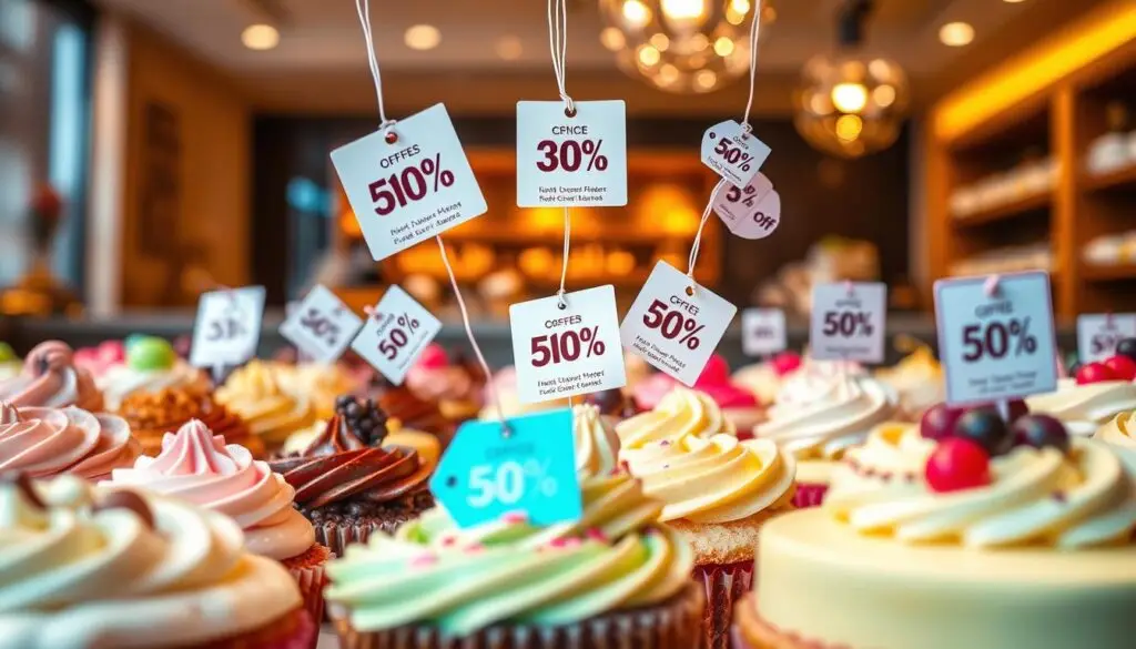 A vibrant and dynamic display of promotional offers, discounts, and tempting cakes. In the foreground, an eye-catching array of meticulously crafted pastries, their rich textures and vibrant colors inviting closer inspection. Cascading in the middle ground, an array of price tags and discount labels, artfully arranged to highlight the savings. The background sets the stage, with warm lighting casting a cozy ambiance and a hint of a modern bakery or confectionery shop. The overall scene conveys a sense of excitement and value, drawing the viewer's attention to the enticing promotional opportunities available for those seeking the perfect cake.