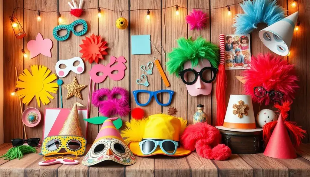 A vibrant and whimsical collection of props and accessories for a DIY photo booth, perfect for delighting children. Colorful paper cutouts, playful masks, and a variety of fun hats and wigs adorn a rustic wooden backdrop. Soft, diffused lighting casts a warm, inviting glow, creating an enchanting atmosphere that sparks the imagination. Carefully arranged to spark joy and creativity, this imaginative setup encourages young ones to express themselves and capture memorable moments. The scene exudes a sense of playfulness and wonder, perfectly suited to capture the spirit of a DIY photo booth experience.