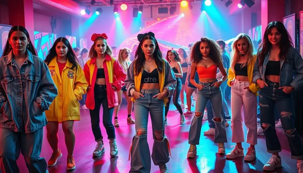A vibrant celebration of 90s fashion unfolds, set against a nostalgic backdrop. In the foreground, models strut confidently in bold, colorful outfits - oversized denim jackets, neon windbreakers, and high-waisted mom jeans. The middle ground features a lively dance floor, with partygoers swaying to the pulsing beats of 90s pop music, their outfits a kaleidoscope of scrunchies, crop tops, and platform sneakers. In the background, the scene is bathed in a warm, retro glow, evocative of the decade's distinct aesthetic. The overall mood is one of joyful celebration, where the fashion and atmosphere transport the viewer back to the vibrant, unapologetic style of the 90s. A vibrant celebration of 90s fashion unfolds, set against a nostalgic backdrop. In the foreground, models strut confidently in bold, colorful outfits - oversized denim jackets, neon windbreakers, and high-waisted mom jeans. The middle ground features a lively dance floor, with partygoers swaying to the pulsing beats of 90s pop music, their outfits a kaleidoscope of scrunchies, crop tops, and platform sneakers. In the background, the scene is bathed in a warm, retro glow, evocative of the decade's distinct aesthetic. The overall mood is one of joyful celebration, where the fashion and atmosphere transport the viewer back to the vibrant, unapologetic style of the 90s.