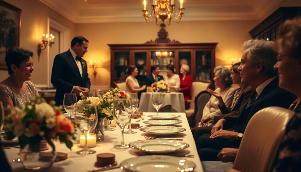 A warm, cozy interior scene of a family celebration. In the foreground, a table is set with delicate porcelain plates, crystal glasses, and fresh floral arrangements. Soft, golden lighting casts a gentle glow, creating an intimate atmosphere. In the middle ground, a group of well-dressed people, presumably the close family members, are gathered around the table, engaged in lively conversation and laughter. The background features a classic, elegant living room with rich wooden furniture and plush upholstery, hinting at the significance of the occasion. The overall mood is one of togetherness, joy, and the cherished traditions of a family wedding celebration. A warm, cozy interior scene of a family celebration. In the foreground, a table is set with delicate porcelain plates, crystal glasses, and fresh floral arrangements. Soft, golden lighting casts a gentle glow, creating an intimate atmosphere. In the middle ground, a group of well-dressed people, presumably the close family members, are gathered around the table, engaged in lively conversation and laughter. The background features a classic, elegant living room with rich wooden furniture and plush upholstery, hinting at the significance of the occasion. The overall mood is one of togetherness, joy, and the cherished traditions of a family wedding celebration.