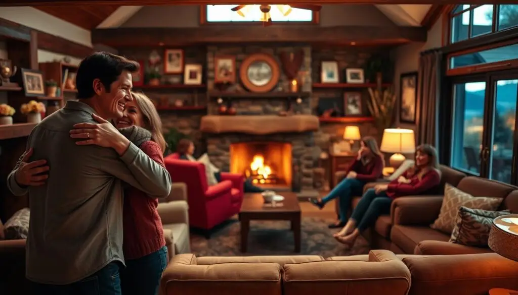 A warm, inviting living room scene with a group of friends and family gathered around a cozy fireplace. The foreground features a pair of people embracing in a friendly, casual greeting, their expressions radiating genuine happiness. The middle ground showcases a mix of armchairs and sofas, where additional guests are seated, engaged in animated conversation. Soft, diffused lighting from the fireplace and lamps creates a welcoming, intimate atmosphere. The background depicts a rustic, homely interior with wooden beams, shelves displaying personal mementos, and a large window offering a glimpse of a tranquil outdoor landscape. The overall mood is one of comfort, familiarity, and heartfelt camaraderie. A warm, inviting living room scene with a group of friends and family gathered around a cozy fireplace. The foreground features a pair of people embracing in a friendly, casual greeting, their expressions radiating genuine happiness. The middle ground showcases a mix of armchairs and sofas, where additional guests are seated, engaged in animated conversation. Soft, diffused lighting from the fireplace and lamps creates a welcoming, intimate atmosphere. The background depicts a rustic, homely interior with wooden beams, shelves displaying personal mementos, and a large window offering a glimpse of a tranquil outdoor landscape. The overall mood is one of comfort, familiarity, and heartfelt camaraderie.