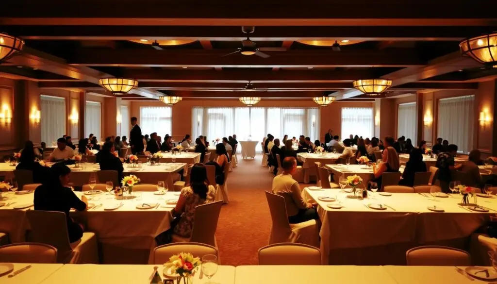 A wedding reception hall with a series of rectangular tables arranged in a symmetrical layout. The tables are covered in crisp white linens, with elegant place settings and floral centerpieces adding a touch of sophistication. Warm, ambient lighting casts a gentle glow, creating a welcoming atmosphere. Guests are seated facing each other, engaged in lively conversation, their silhouettes visible against the softly blurred background. The scene conveys a sense of celebration and togetherness, capturing the essence of a well-organized, classic wedding reception.