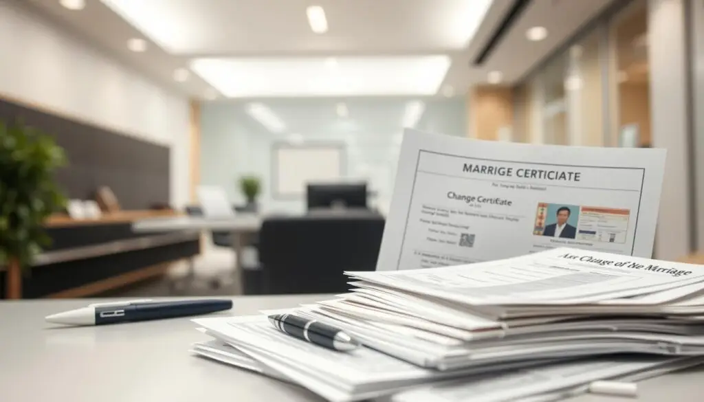 A well-lit, high-resolution image showcasing the essential documents required for a name change after marriage. In the foreground, a pile of official papers and forms, including a marriage certificate, ID cards, and a change of name application. The middle ground features a desk or table, with a pen and a notebook, setting the scene of a bureaucratic process. The background depicts a modern, minimalist office environment, with clean lines and neutral tones, conveying a sense of efficiency and organization. The overall composition and lighting create a sense of professionalism and attention to detail, reflecting the importance of the task at hand. A well-lit, high-resolution image showcasing the essential documents required for a name change after marriage. In the foreground, a pile of official papers and forms, including a marriage certificate, ID cards, and a change of name application. The middle ground features a desk or table, with a pen and a notebook, setting the scene of a bureaucratic process. The background depicts a modern, minimalist office environment, with clean lines and neutral tones, conveying a sense of efficiency and organization. The overall composition and lighting create a sense of professionalism and attention to detail, reflecting the importance of the task at hand.