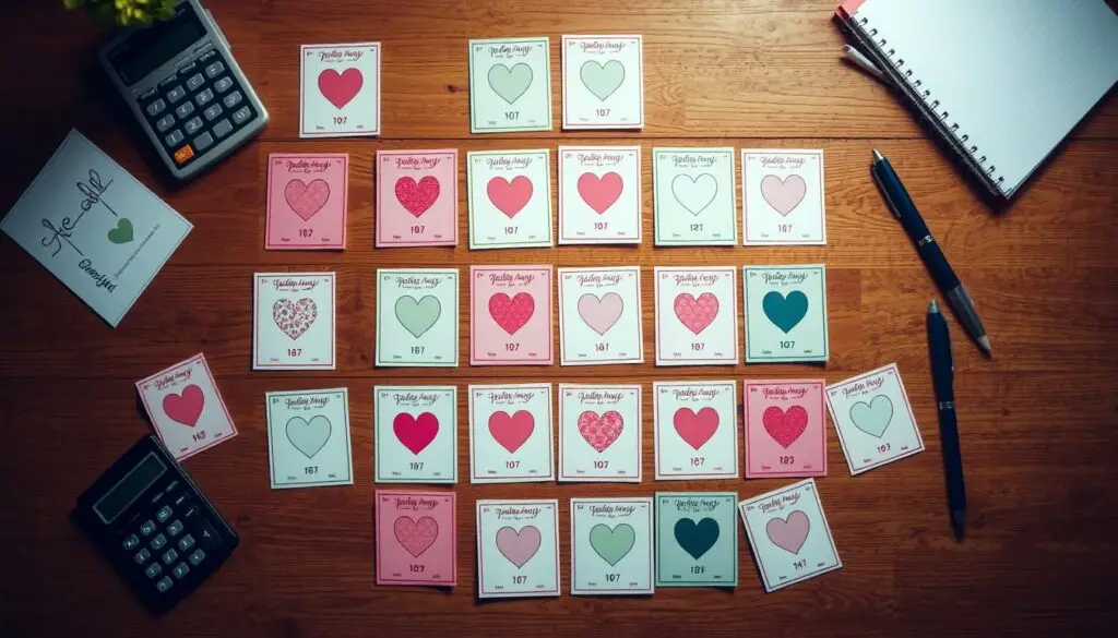 A well-lit overhead view of a wooden table featuring an assortment of wedding scratch cards in various colors and patterns, arranged in a neat grid-like layout. The cards are accompanied by a calculator, a pen, and a notebook, hinting at the process of calculating the required number of cards. The lighting is soft and diffused, creating a warm, inviting atmosphere. The scene conveys a sense of thoughtful planning and attention to detail, perfectly capturing the theme of "Jak obliczyć liczbę zdrapek na wesele?".